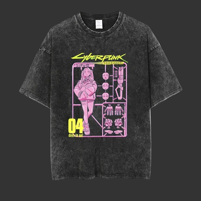 Black t-shirt with Cyberpunk-themed graphic design on a white background