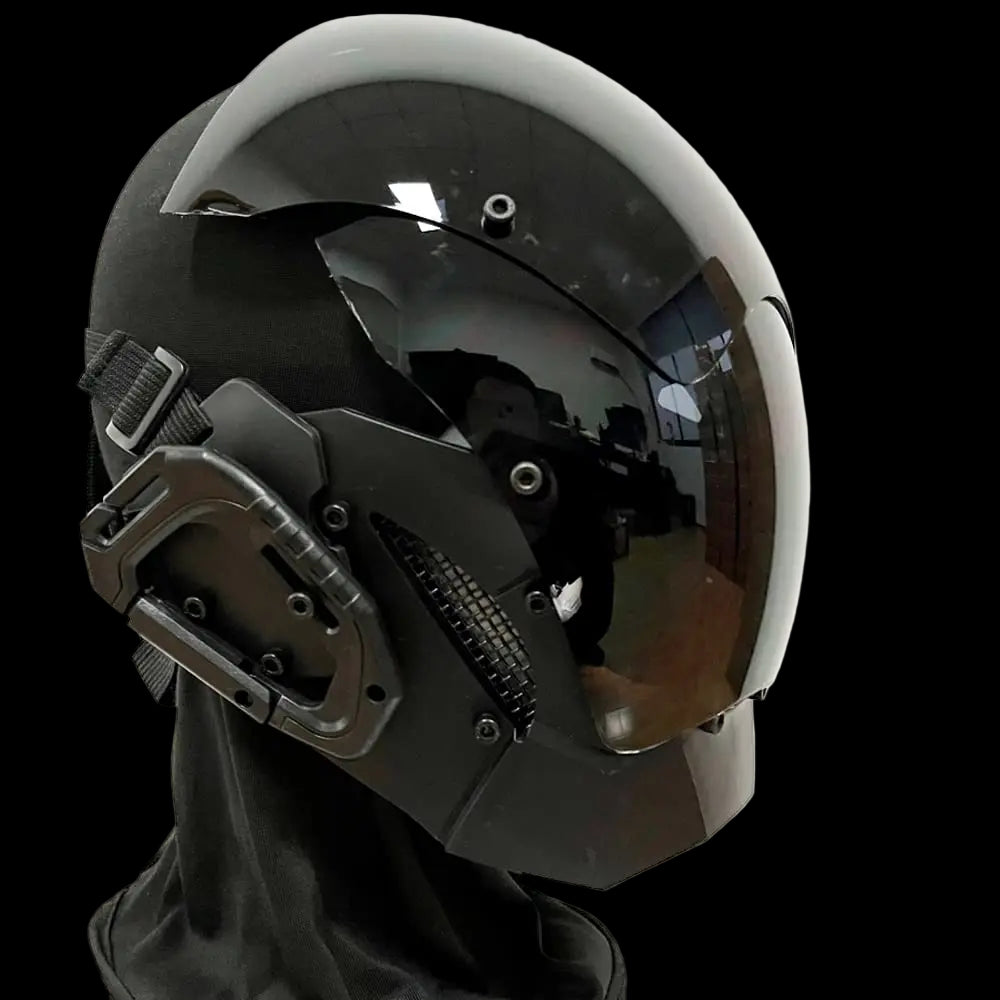 Black and white helmet with reflective visor on a white background