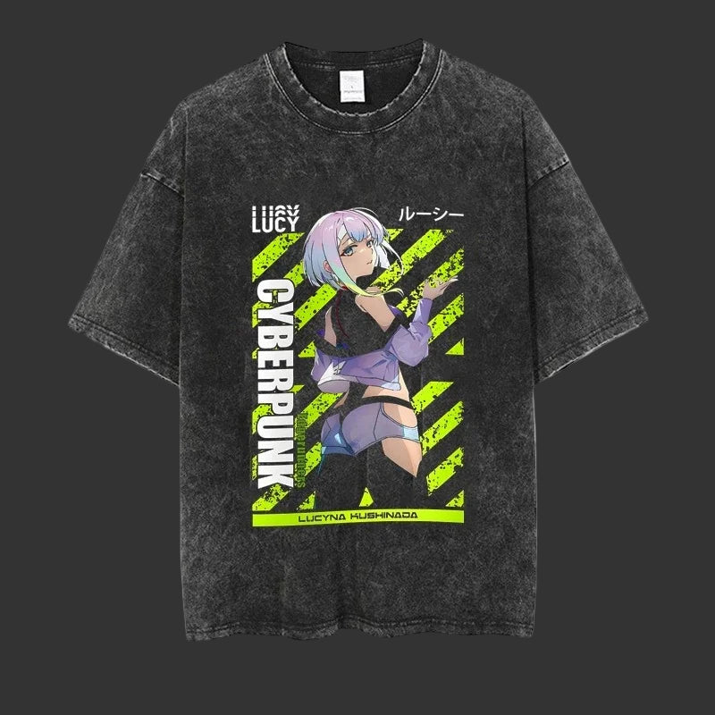 Black t-shirt with anime character and 'Cyberpunk' design on a white background