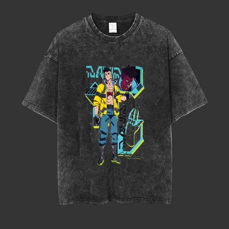 Black t-shirt with colorful graphic design on a white background