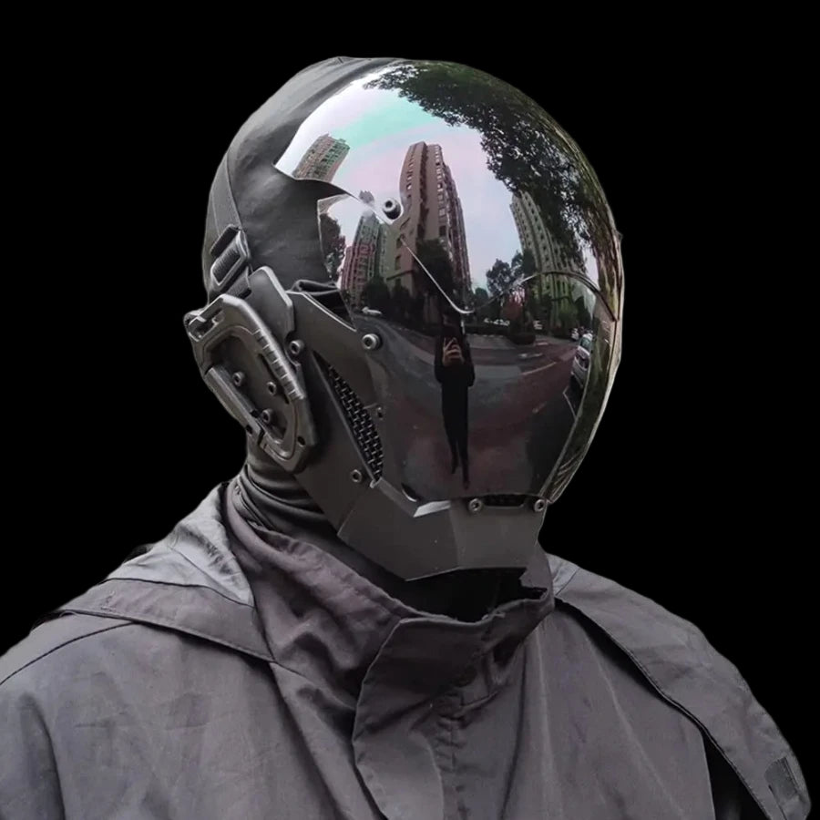Person wearing a futuristic helmet with a reflective visor on a white background